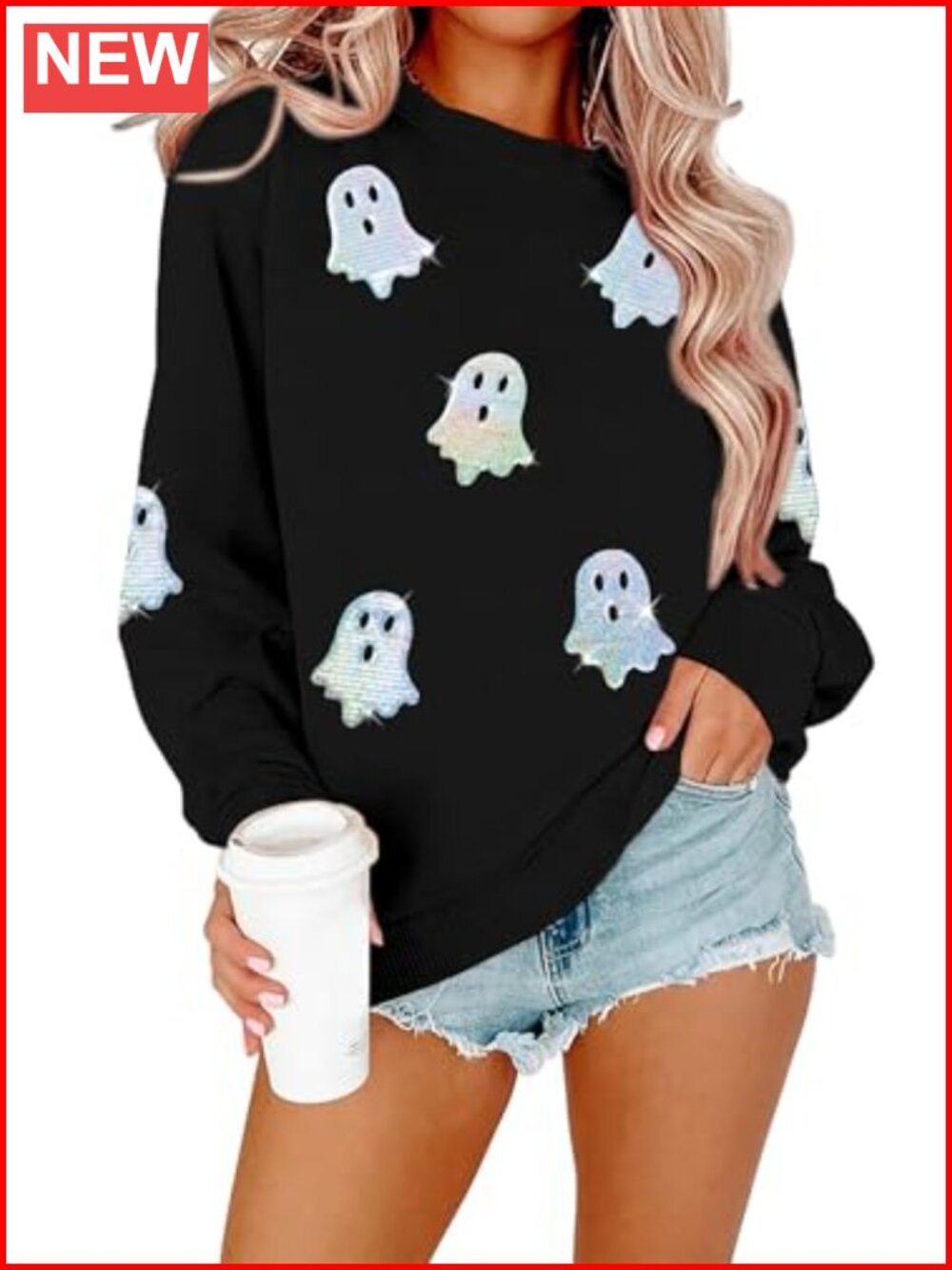 Women's Halloween Sequin Ghost Graphic Pullover Sweatshirt Crewneck